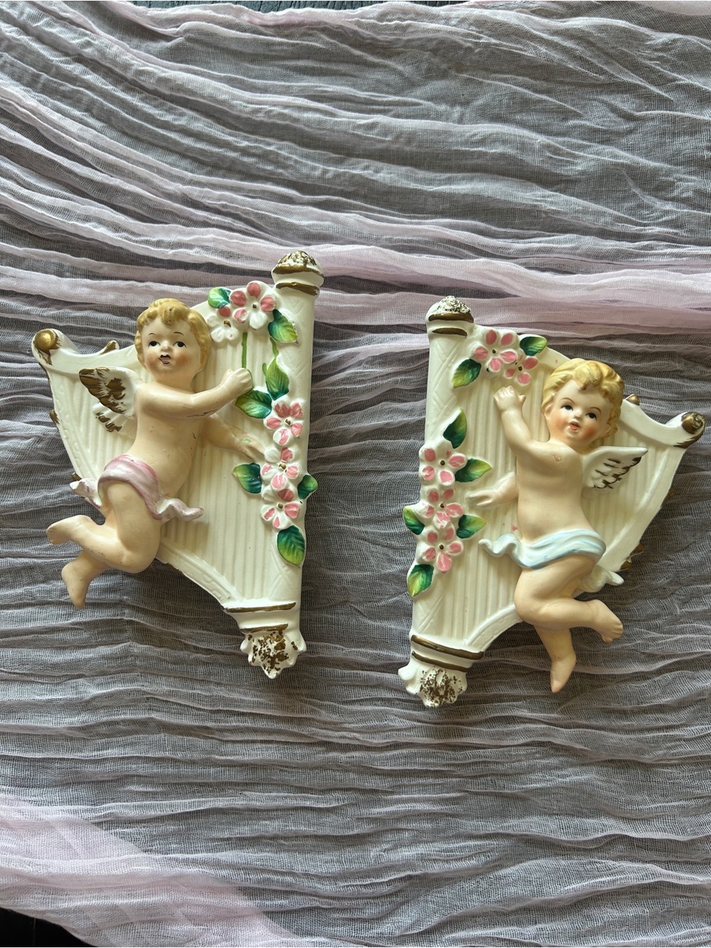 Vintage Pair of Tilso Made in Japan Cherub Wall Planters